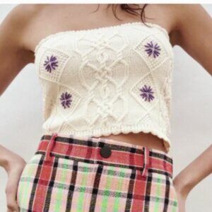 NWT Zara Embroidered Knit Beaded Crop Tube Top - Size Medium (M)